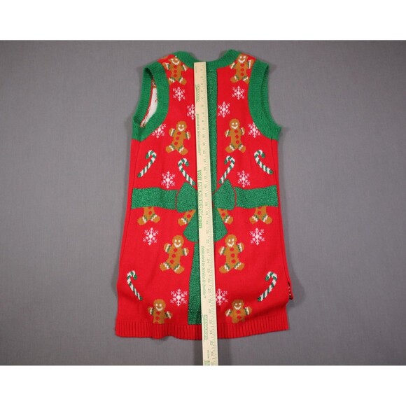 Holiday Time Christmas Long Cardigan Vest Embroidered Red Green Bells Sz S - Picture 7 of 10
